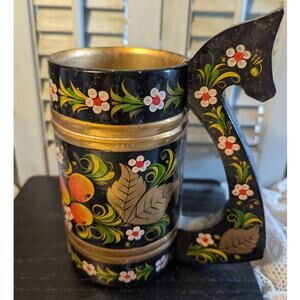 Vintage Russian Khokhloma folk art painting lacquerware mug